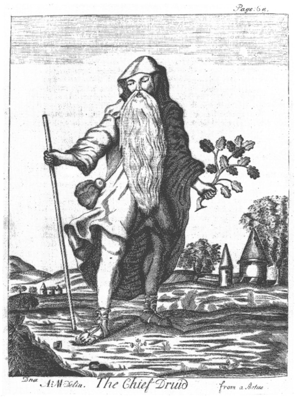 Gravure ancienne d'un vieillard barbu en longue robe à capuche, bâton dans une main et rameau de chêne dans l'autre