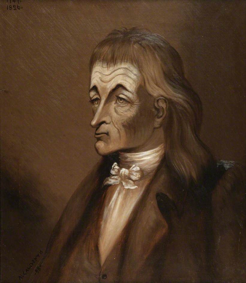 Portrait peint d'un homme âgé aux longs cheveux, en habit sombre et jabot blanc, sur fond brun